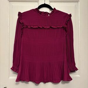 Ted Baker Burgundy Pleated Ruffle Long Sleeve Blouse, size 0